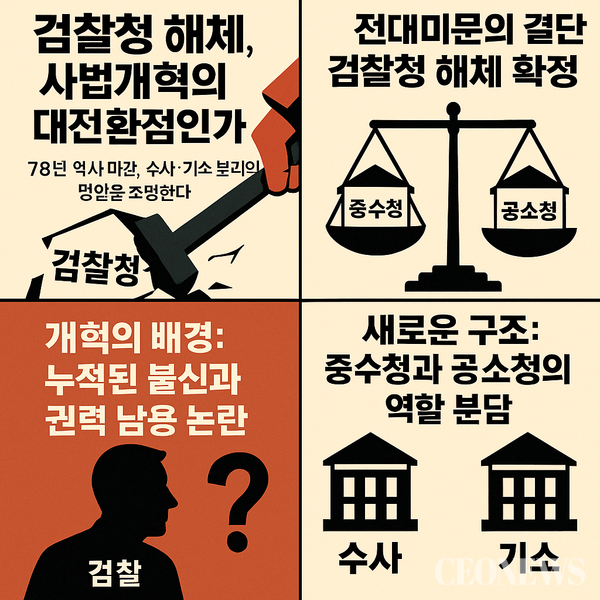 이재명 정부가 마침내 '검찰청 해체'라는 초강수를 두었다. 더불어민주당과 정부, 대통령실은 9월 7일 고위당정협의회에서 검찰청을 폐지하고 중대범죄수사청(중수청)과 공소청으로 분리하는 정부조직 개편안을 확정했다. 1948년 정부 수립 이래 77년간 대한민국 형사사법의 핵심축 역할을 해온 검찰청이 역사의 뒤안길로 사라지는 순간이다.